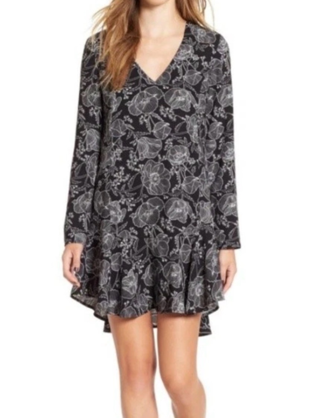 Leith Black and White Floral Long-Sleeve V-Neck Dress